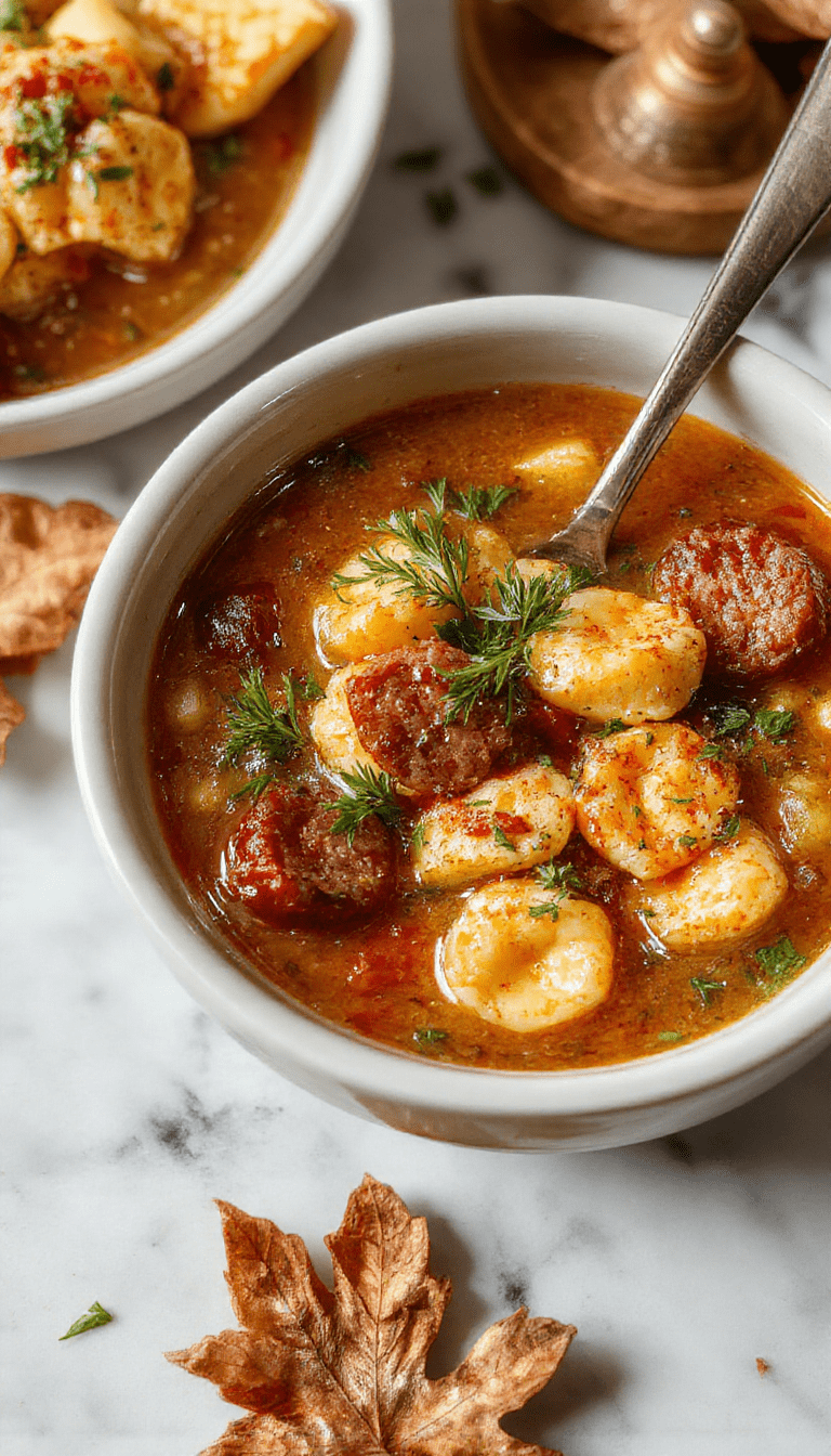 A warm bowl of autumn tortellini soup with colorful fall vegetables, topped with sliced sausage and fresh herbs, served on a rustic wooden table, with steam rising, highlighting the vibrant orange and green hues, garnished with grated cheese and a sprig of thyme.
