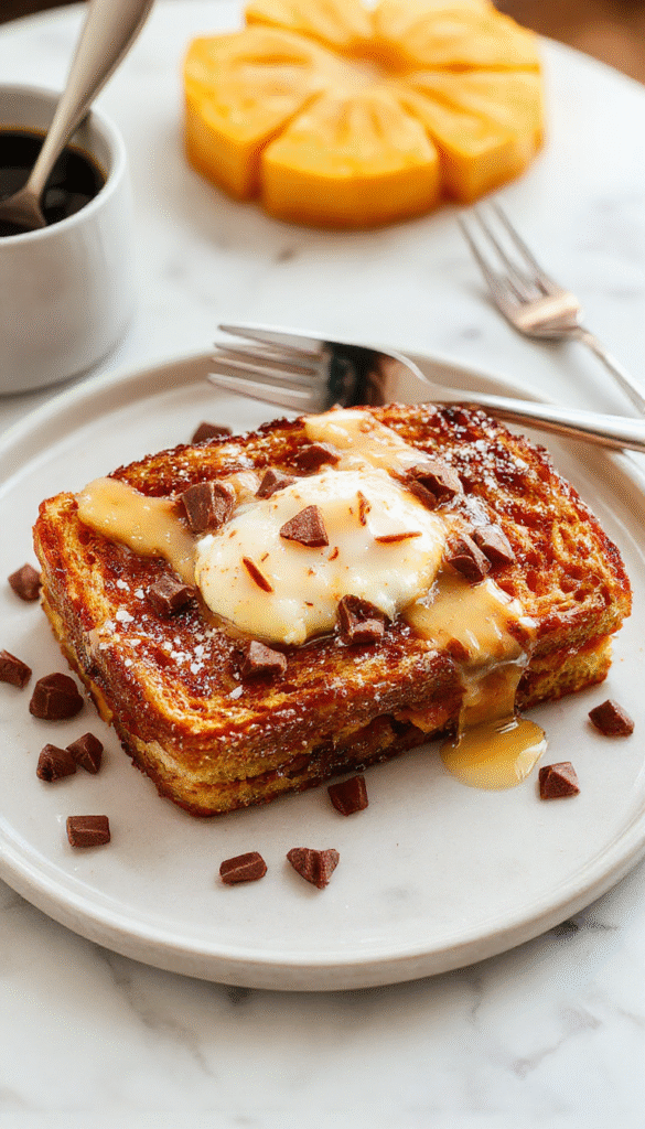 A vibrant plate of pumpkin French toast topped with powdered sugar, fresh orange slices, and a drizzle of maple syrup, garnished with a sprig of mint, with warm cinnamon strokes and a rustic wooden table background.
