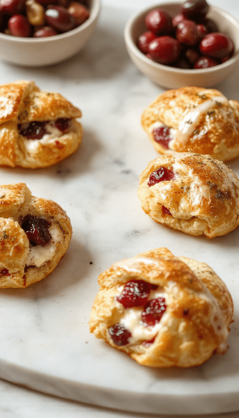 Colorful platter of cranberry cream cheese crescent bites arranged beautifully on a white plate. The bite-sized treats are golden brown with a vibrant red cranberry topping and creamy filling visible through a flaky crescent crust, styled with fresh mint leaves and a drizzle of sweet glaze.