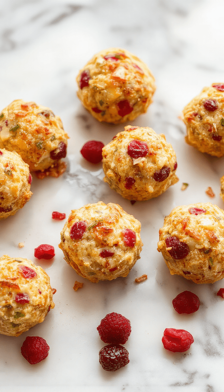 Close-up of golden-brown cranberry turkey stuffing balls arranged on a white platter, garnished with fresh herbs. The balls are crispy on the outside with a textured, moist interior visible. The background features a rustic table setting with a side of cranberry sauce and green leafy garnish, accentuating the savory and festive appeal.