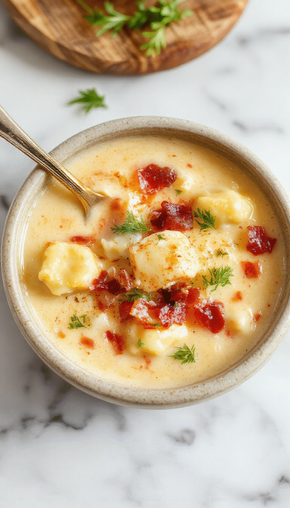 A steaming bowl of creamy bacon cheddar gnocchi soup featuring golden brown crispy bacon bits, melted cheddar cheese, and soft gnocchi immersed in a rich, velvety broth. The bowl is garnished with fresh herbs, set on a rustic wooden table with a slice of crusty bread on the side, styled to appear warm, inviting, and textured.
