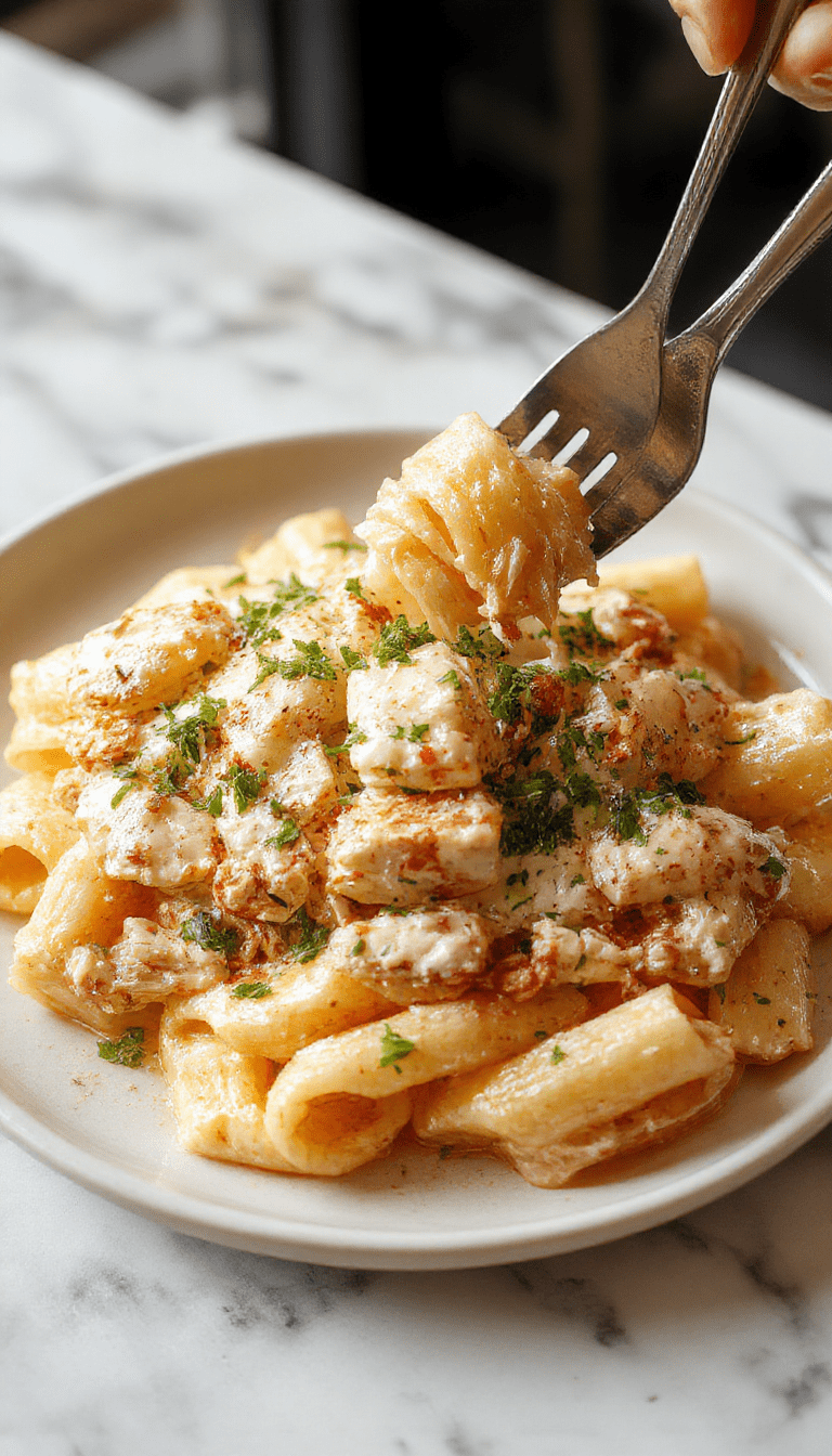 A vibrant plate of creamy Boursin chicken pasta featuring tender pasta coated in a rich, smooth cheese sauce, topped with fresh herbs and slices of cooked chicken, served on a white ceramic plate with a backdrop of fresh ingredients and a rustic wooden table.