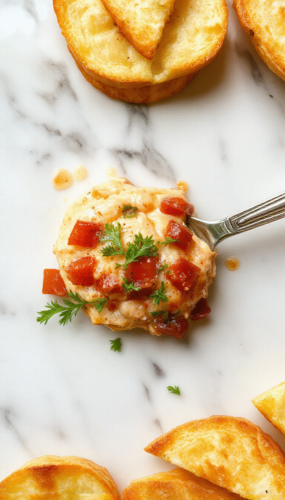 A vibrant bowl of creamy bruschetta dip topped with chopped tomatoes, fresh basil, and drizzled with balsamic glaze. The dip is served with crispy toasted baguette slices arranged around the bowl, showcasing a colorful and inviting presentation. The textures of the smooth dip contrast beautifully with the crunchy bread and fresh toppings, all styled on a rustic wooden platter with scattered basil leaves for an appealing, homemade look.