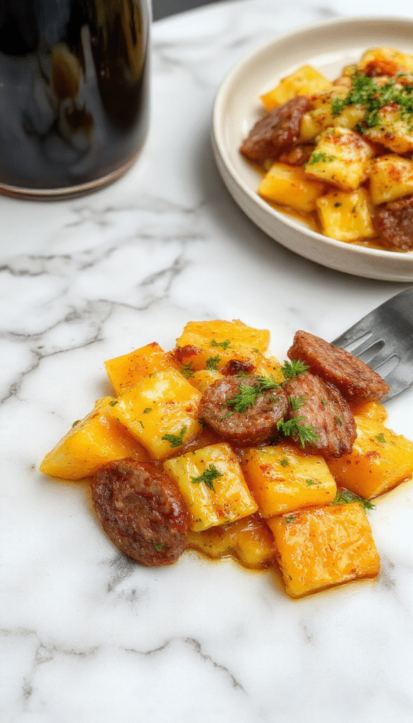 A vibrant close-up of creamy butternut squash gnocchi topped with browned sausage crumbles, garnished with fresh herbs on a rustic white plate, with a smooth orange sauce and crispy sage leaves, styled on a wooden table.