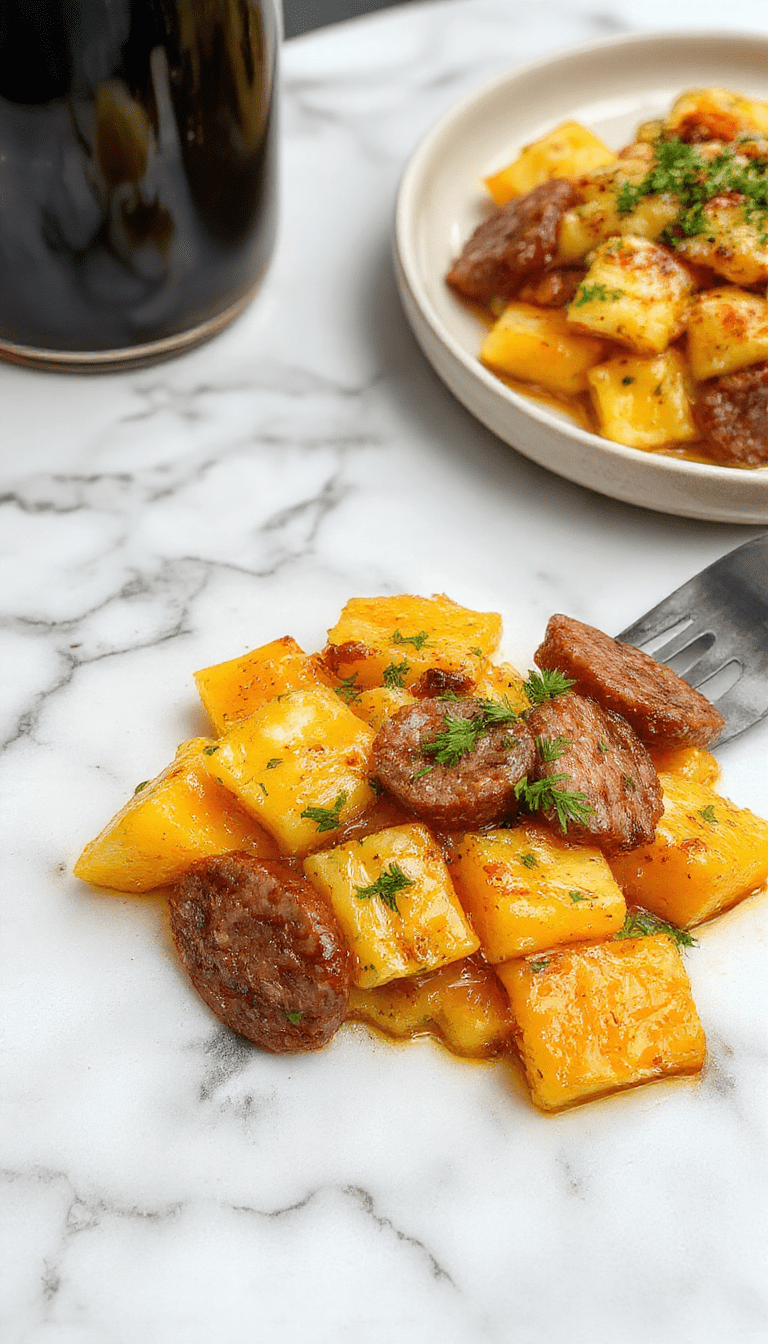 A vibrant close-up of creamy butternut squash gnocchi topped with browned sausage crumbles, garnished with fresh herbs on a rustic white plate, with a smooth orange sauce and crispy sage leaves, styled on a wooden table.