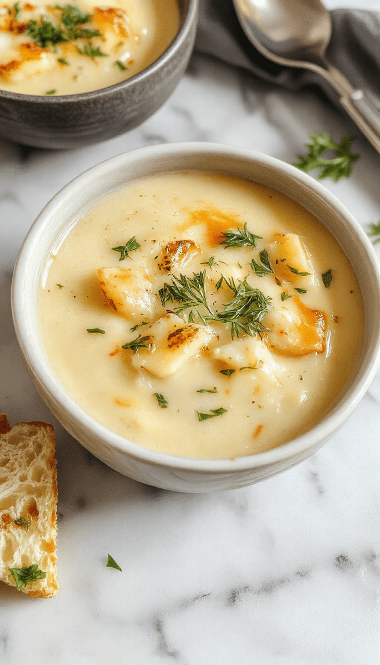 A steaming bowl of creamy cheddar garlic herb potato soup garnished with fresh herbs and melted cheese, served in a rustic white bowl on a wooden table with crunchy bread slices and a sprig of thyme, vibrant green herbs contrasting with the rich yellow and white soup, inviting and warm.
