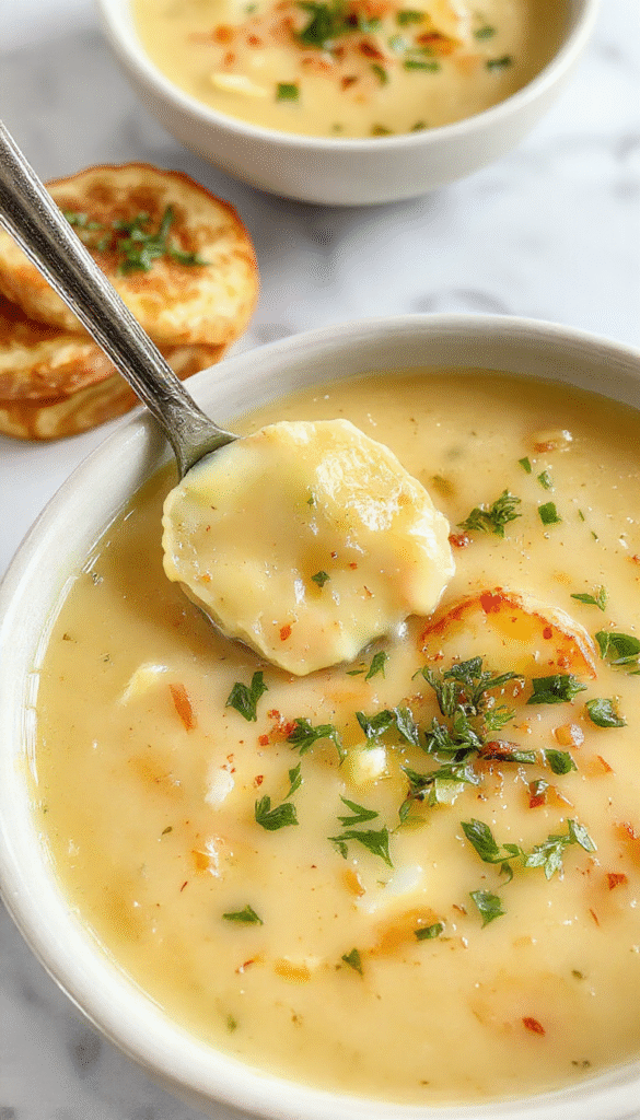 A steaming bowl of creamy cheddar garlic herb potato soup with a golden bubbly cheese crust on top, garnished with fresh herbs and finely chopped garlic, served in a rustic white bowl on a wooden surface with a sprinkle of herbs for garnish, vibrant green herbs contrast with the rich golden soup, creating an inviting and hearty presentation.