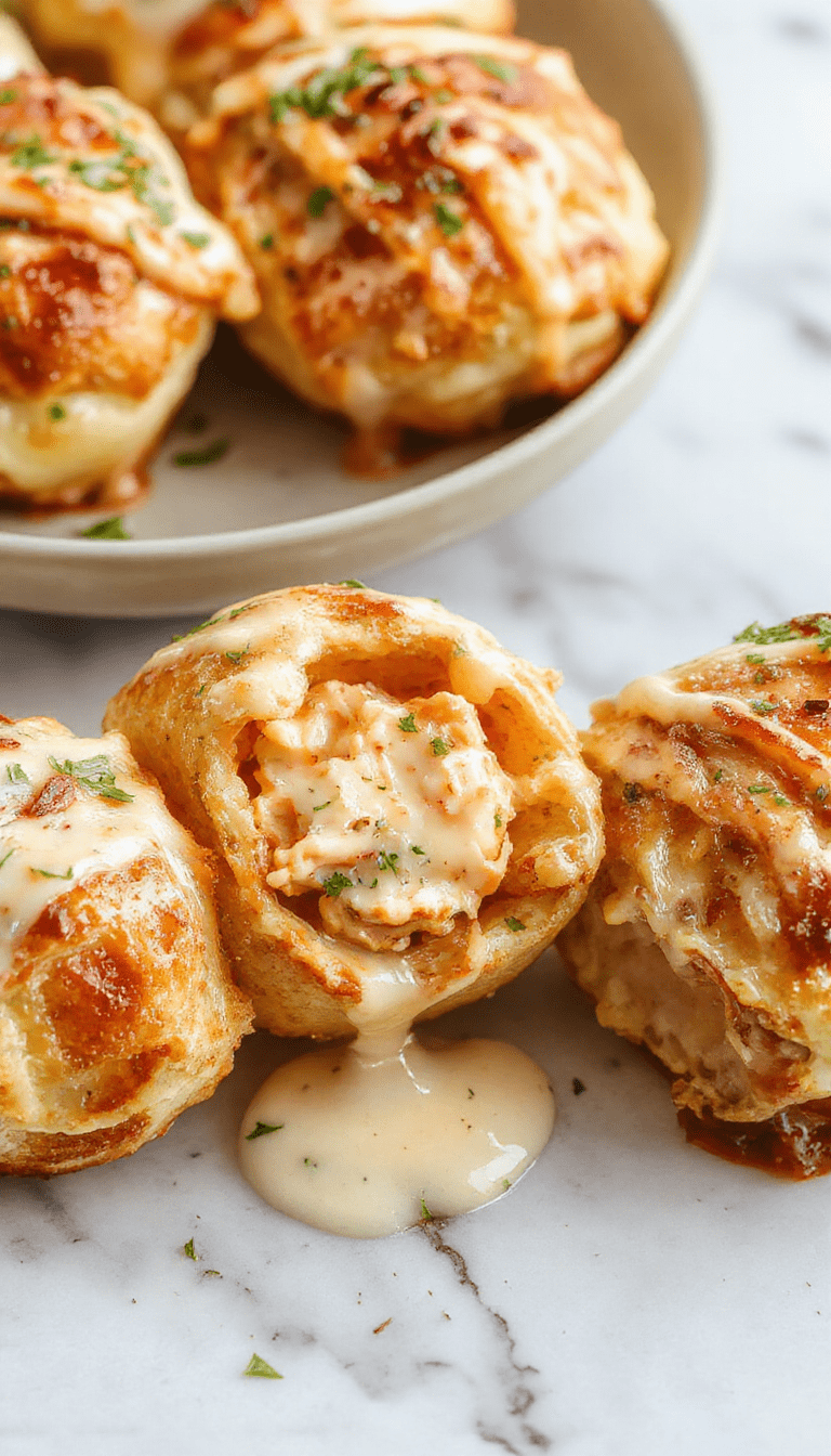 Golden-brown crescent rolls filled with juicy shredded chicken and melted cheese, arranged on a rustic wooden board with a drizzle of creamy sauce, garnished with chopped parsley, vibrant orange and yellow tones from the baked pastry and cheese contrast beautifully.