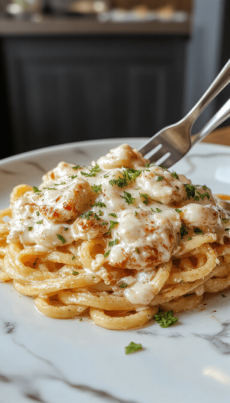 A close-up of a steaming bowl of creamy chicken Alfredo pasta, topped with freshly chopped parsley. The dish features tender chicken pieces in a rich, velvety white sauce, garnished with grated Parmesan cheese and black pepper. The pasta is perfectly coated, with a glossy texture, served on a rustic white plate against a light wooden background with a sprinkle of herbs.