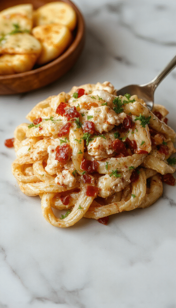 A vibrant close-up of a creamy chicken bacon ranch pasta dish plated beautifully. The pasta is coated in a rich, creamy sauce with succulent pieces of chicken, crispy bacon bits, and sprinkled with fresh chopped herbs. The dish features a golden-brown topping with a drizzle of ranch dressing, contrasted against a rustic wooden table with a hint of green garnish for an inviting and appetizing presentation.