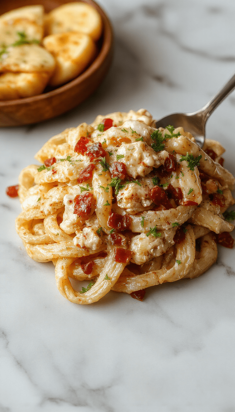 A vibrant close-up of a creamy chicken bacon ranch pasta dish plated beautifully. The pasta is coated in a rich, creamy sauce with succulent pieces of chicken, crispy bacon bits, and sprinkled with fresh chopped herbs. The dish features a golden-brown topping with a drizzle of ranch dressing, contrasted against a rustic wooden table with a hint of green garnish for an inviting and appetizing presentation.