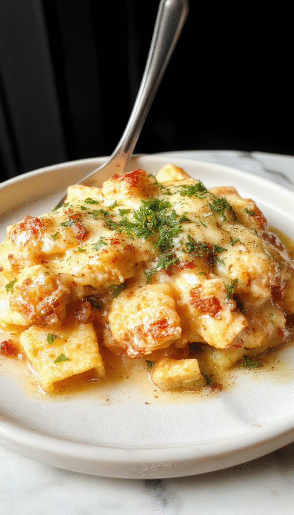 A close-up of a hearty chicken pot pie pasta dish served on a rustic white plate. The creamy sauce coats tender pasta and chunks of chicken, topped with a golden crust crumble. Vibrant carrots and peas are mixed throughout, garnished with fresh herbs. The background features a cozy wooden table with warm lighting, emphasizing the inviting and comforting appearance of the dish.