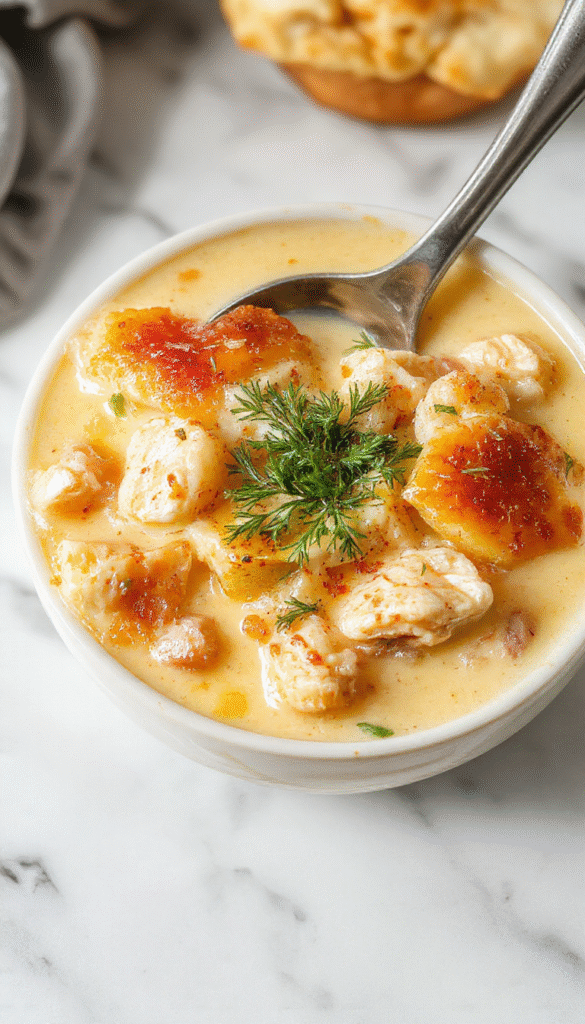 A steaming bowl of creamy chicken pot pie soup, topped with flaky pie crust crumbles and fresh herbs, vibrant orange and white hues, with a rustic wooden background and a drizzle of cream.