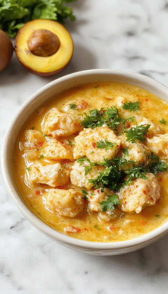 A steaming bowl of creamy chicken and rice soup with tender shredded chicken, fluffy rice, and chopped herbs, garnished with a sprig of parsley, served in a rustic white bowl against a cozy kitchen backdrop with a spoon resting on the side.