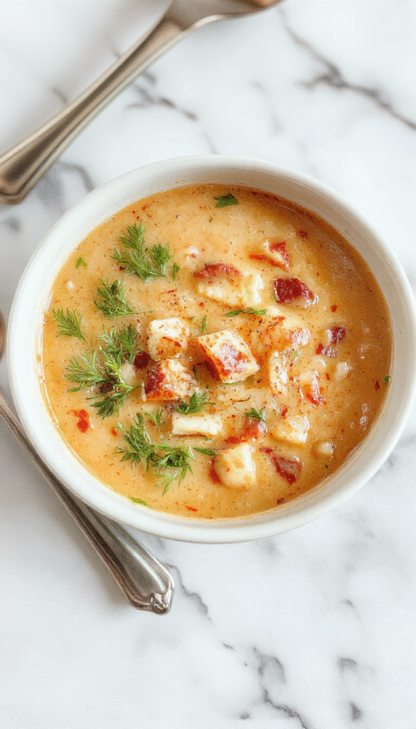 A bowl of creamy cowboy soup garnished with chopped green herbs and crispy bacon bits, served on a rustic wooden table with warm lighting. The soup has a rich, orange hue with visible chunks of tender beef, vegetables, and melted cheese, evoking a cozy, inviting atmosphere.