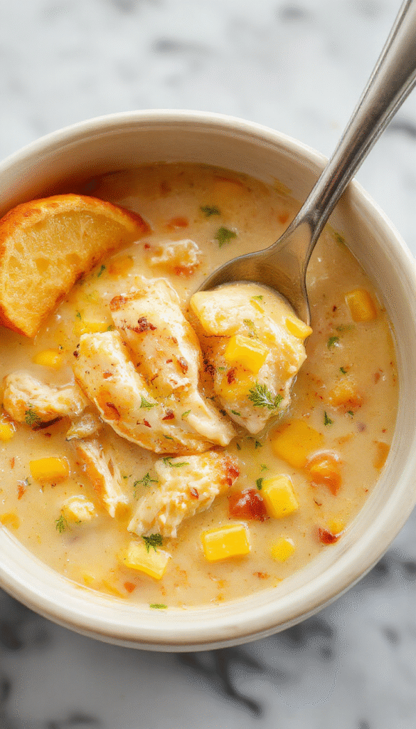 A warm bowl of creamy chicken corn chowder garnished with fresh herbs, set on a rustic wooden table with a spoon, bright yellow corn, tender chicken chunks, and a rich, velvety broth
