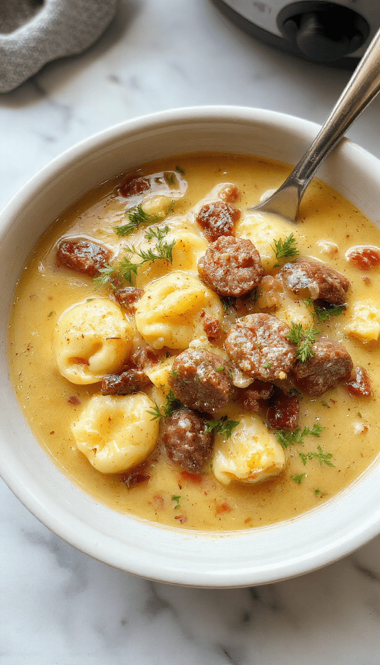 A colorful bowl of creamy tortellini soup garnished with fresh parsley and grated cheese, featuring plump tortellini, savory sausage slices, and vibrant vegetables in a rustic white bowl on a wooden table with a spoon and a sprig of herbs