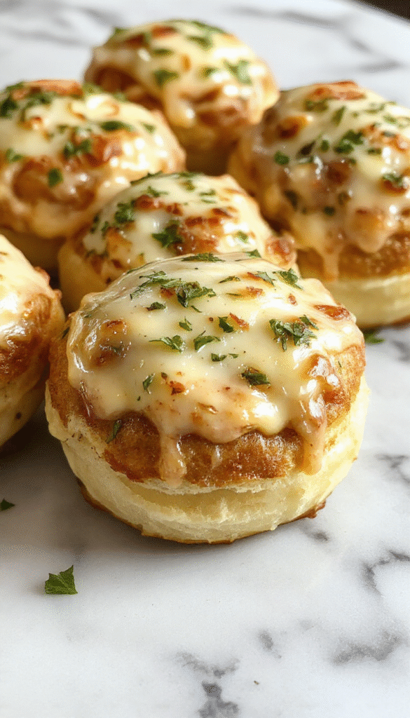 A close-up of golden-brown cheesy garlic rolls arranged on a rustic wooden platter, topped with melted cheese and finely chopped parsley, with a soft interior visible through a bite taken out of one roll, showcasing gooey cheese and fragrant garlic pieces, styled with a sprig of parsley for freshness.