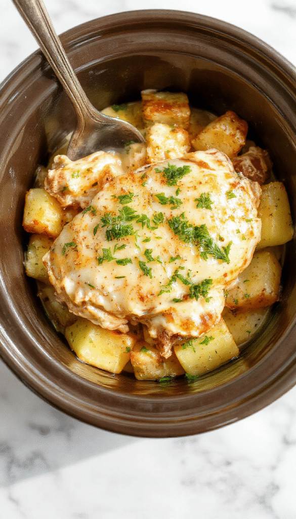A rustic white bowl filled with tender, golden-brown crockpot chicken and roasted potatoes, topped with freshly chopped parsley and grated Parmesan, all set on a wooden table with a drizzle of creamy sauce.