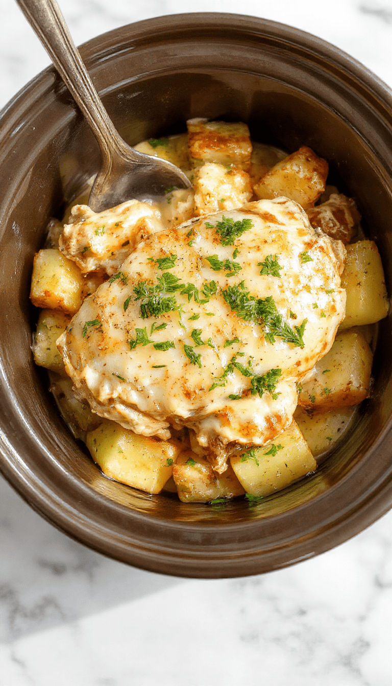 A rustic white bowl filled with tender, golden-brown crockpot chicken and roasted potatoes, topped with freshly chopped parsley and grated Parmesan, all set on a wooden table with a drizzle of creamy sauce.
