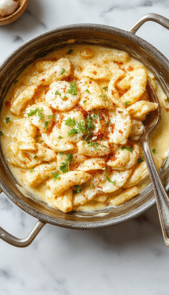 A close-up of a creamy garlic pasta dish served in a white bowl, garnished with fresh parsley. The pasta is coated in a rich, velvety garlic sauce with specks of black pepper and grated cheese visible on top. The background features a rustic wooden table with additional garlic cloves and herbs, emphasizing fresh ingredients and inviting comfort food appeal.