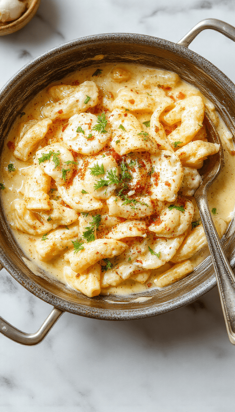 A close-up of a creamy garlic pasta dish served in a white bowl, garnished with fresh parsley. The pasta is coated in a rich, velvety garlic sauce with specks of black pepper and grated cheese visible on top. The background features a rustic wooden table with additional garlic cloves and herbs, emphasizing fresh ingredients and inviting comfort food appeal.