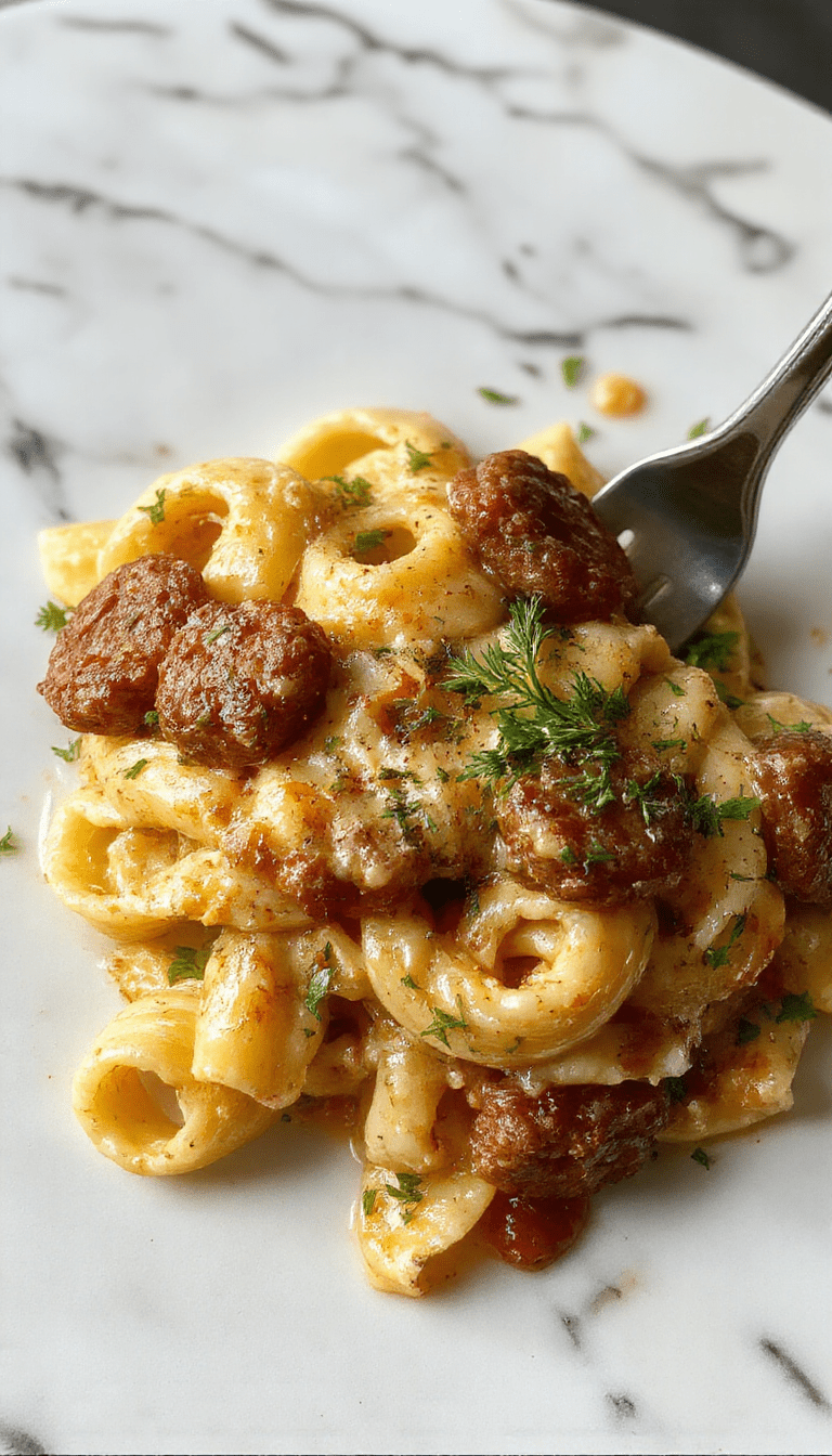 A vibrant plate of creamy sausage rigatoni featuring golden-brown sausage slices nestled in a rich, creamy white sauce, garnished with chopped parsley, served on a rustic wooden table with a sprinkle of grated Parmesan, creating an inviting and hearty Italian-inspired meal.
