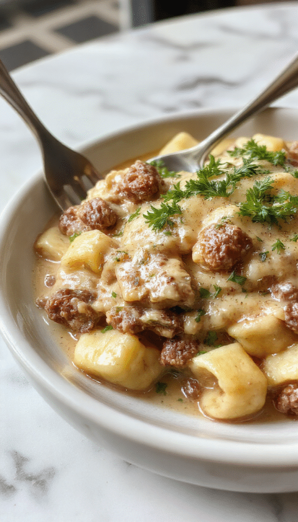 A close-up of a rich and creamy beef stroganoff served in a white ceramic bowl, topped with fresh chopped parsley. The dish features tender ground beef and sliced mushrooms in a velvety sauce, accompanied by a side of buttery mashed potatoes and a sprig of parsley for garnish. The background includes a rustic wooden table with warm lighting highlighting the glossy sauce and hearty textures.