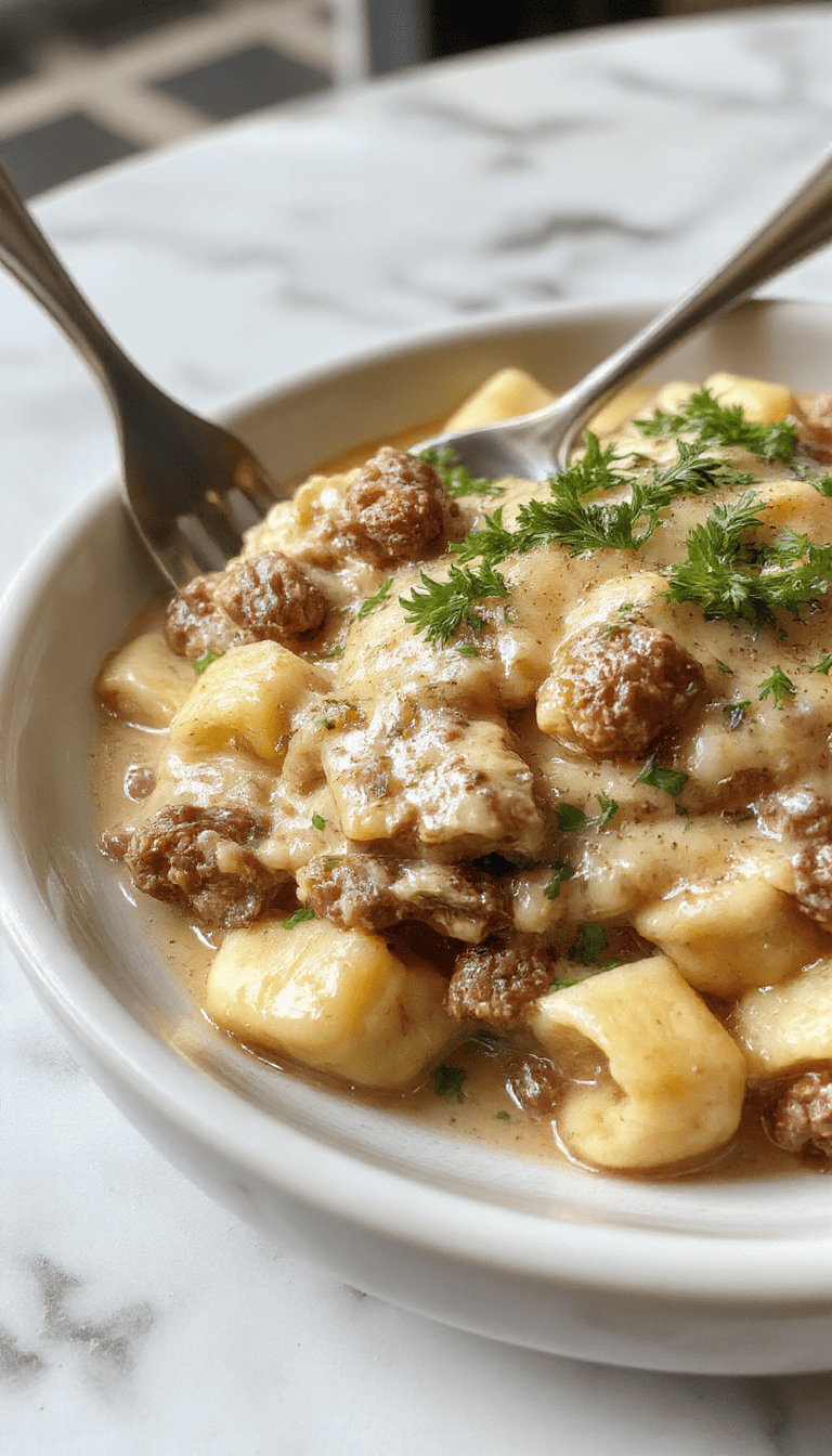 A close-up of a rich and creamy beef stroganoff served in a white ceramic bowl, topped with fresh chopped parsley. The dish features tender ground beef and sliced mushrooms in a velvety sauce, accompanied by a side of buttery mashed potatoes and a sprig of parsley for garnish. The background includes a rustic wooden table with warm lighting highlighting the glossy sauce and hearty textures.