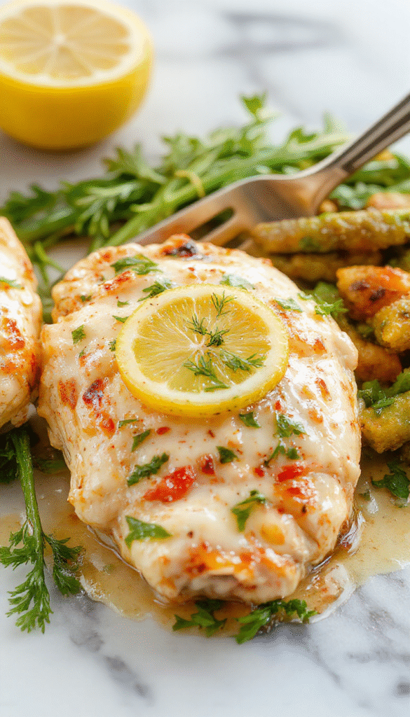 A vibrant plate of lemon chicken romano featuring golden-brown chicken breasts topped with fresh lemon slices, garnished with chopped parsley and grated Romano cheese, served on a white ceramic plate with a sprig of herbs, with a bright lemon wedge and a side of steamed vegetables in the background.
