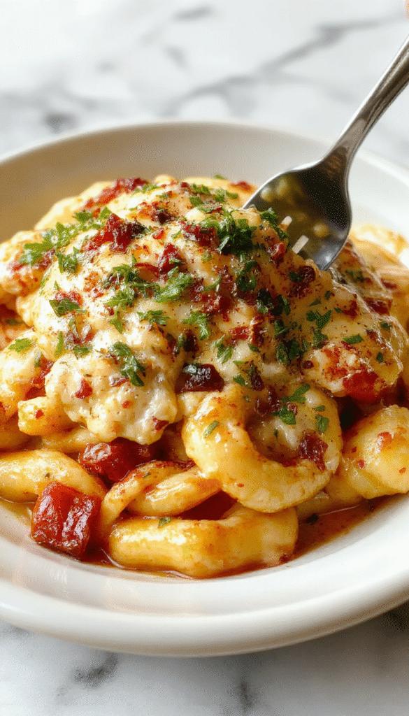 A vibrant plate of creamy marry me chicken pasta featuring tender chicken breasts smothered in rich sauce, garnished with fresh herbs, served over al dente noodles on a rustic wooden table with a drizzle of sauce and colorful vegetables in the background.