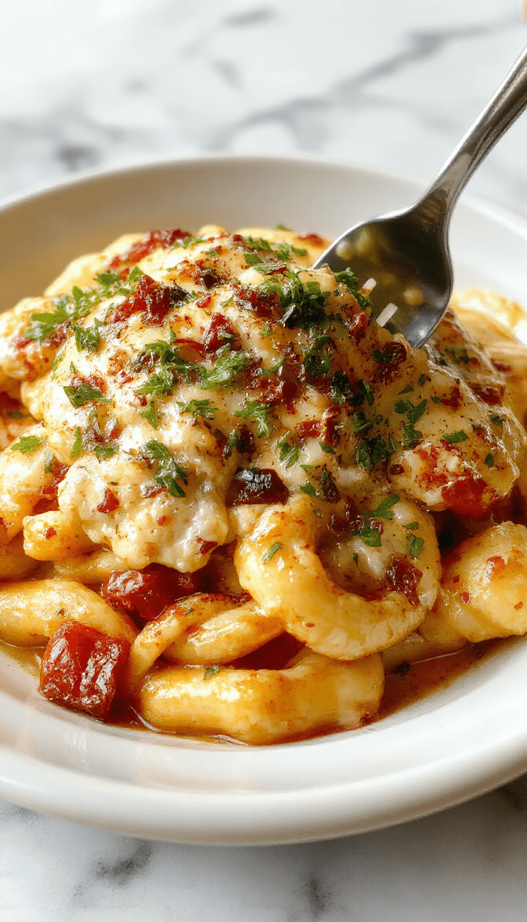 A vibrant plate of creamy marry me chicken pasta featuring tender chicken breasts smothered in rich sauce, garnished with fresh herbs, served over al dente noodles on a rustic wooden table with a drizzle of sauce and colorful vegetables in the background.