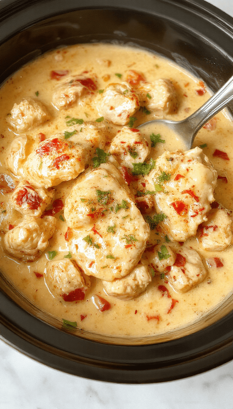 A close-up of a creamy chicken dish served in a rustic bowl, garnished with fresh herbs, showing tender chicken pieces coated in rich sauce, surrounded by colorful vegetables and a sprig of herbs on a wooden table.