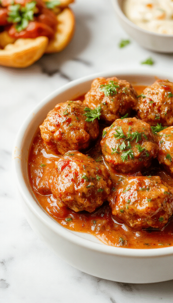 A close-up of golden-brown Italian meatballs glazed with a rich tomato sauce, garnished with fresh basil leaves, served on a rustic white plate with a side of spaghetti, showcasing juicy textures and aromatic herbs.