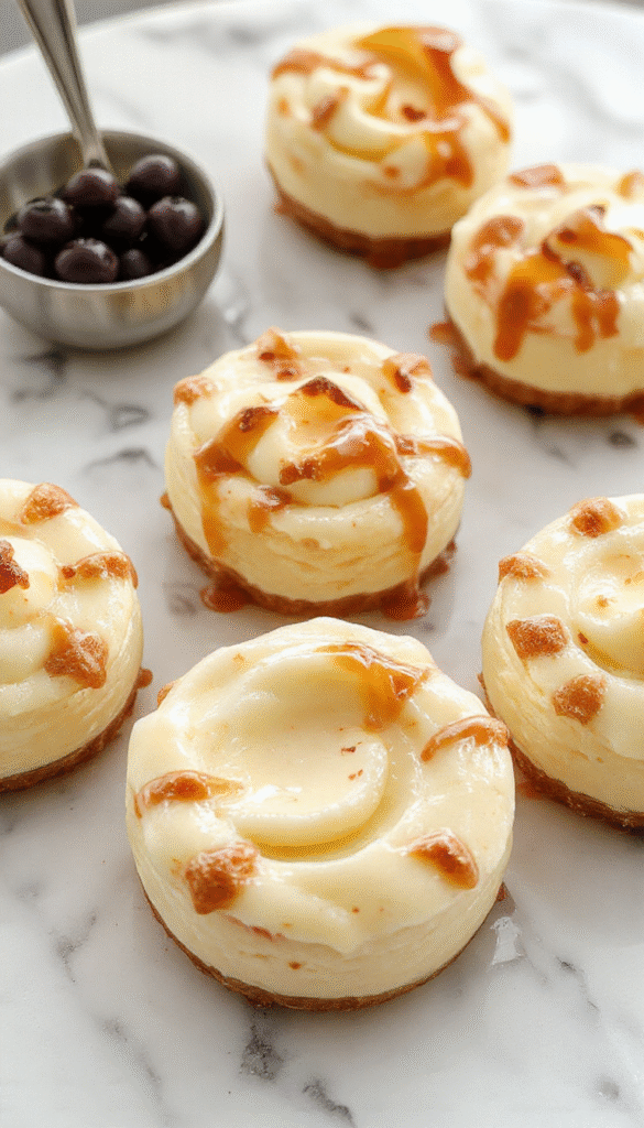 A close-up of three creamy mini cheesecakes topped with fresh berries and a sprig of mint on a elegant white plate, with a golden crust and smooth filling displaying rich textures and vibrant colors.
