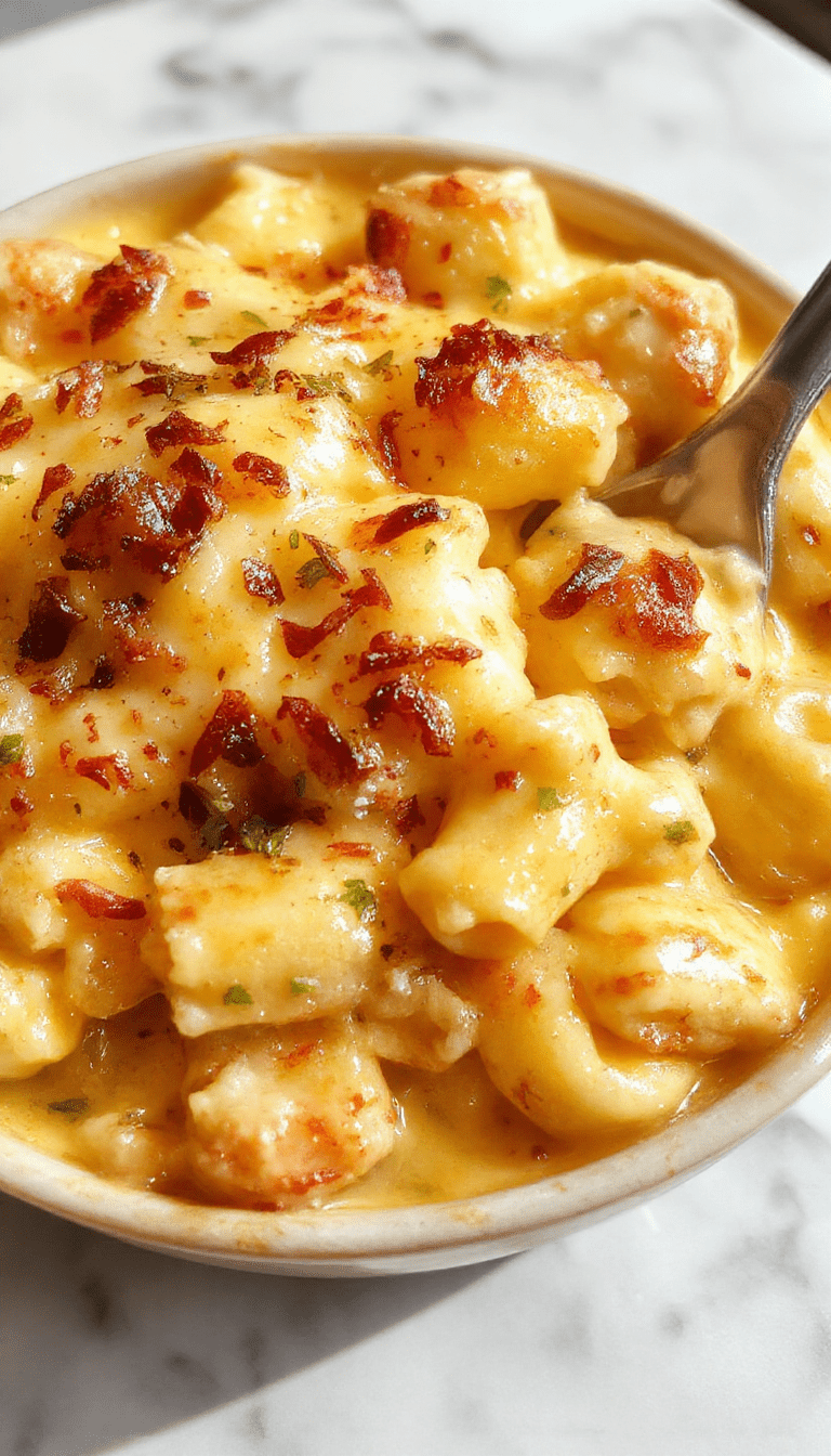 A vibrant bowl of creamy mac and cheese with a smooth orange cheese sauce, topped with fresh herbs on a rustic wooden table, steam rising, inviting and hearty.