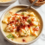 A vibrant bowl of creamy chicken gnocchi soup garnished with fresh herbs, showcasing tender gnocchi, chunks of chicken, spinach, and a rich, velvety broth on a rustic wooden table