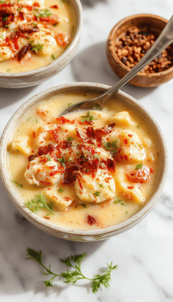 A vibrant bowl of creamy chicken gnocchi soup garnished with fresh herbs, showcasing tender gnocchi, chunks of chicken, spinach, and a rich, velvety broth on a rustic wooden table