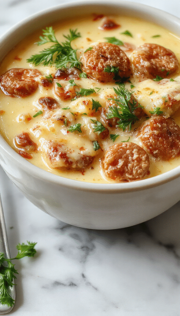A vibrant bowl of Italian sausage soup topped with freshly grated Parmesan cheese and chopped parsley, with slices of sausage, carrots, and spinach visible, all presented on a rustic wooden table with a warm ambiance.