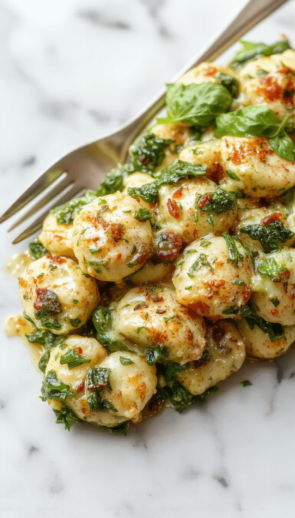 A vibrant plate of golden-brown baked gnocchi topped with fresh green spinach leaves and a drizzle of creamy pesto sauce, garnished with grated cheese and fresh basil, styled on a rustic wooden table with a colorful background.
