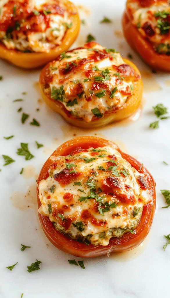 Colorful bell peppers filled with creamy ricotta cheese, garnished with fresh herbs, presented on a rustic white plate with a textured background showcasing the vibrant yellow, red, and green peppers, with a hint of melted cheese and herbs visible in the filling.