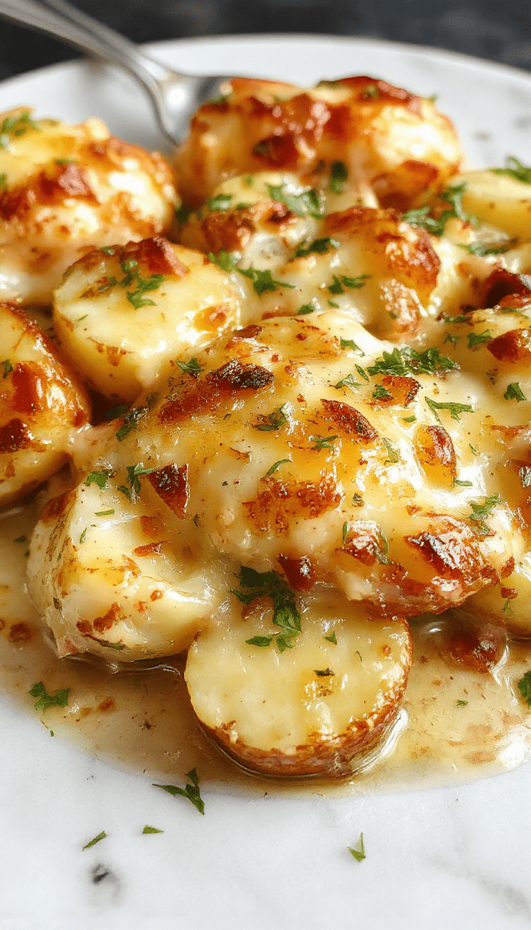 A close-up view of a golden-brown potatoes au gratin dish topped with melted cheese and roasted garlic, garnished with fresh herbs, served in a rustic ceramic dish with a fork resting beside, vibrant yellow and brown tones, creamy textures with crispy edges, styled on a wooden table.