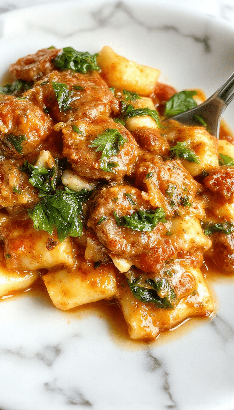 A vibrant plate of creamy sausage rigatoni garnished with fresh spinach, minced garlic, and a rich tomato cream sauce, topped with grated cheese, set on a rustic wooden table with basil leaves for garnish.