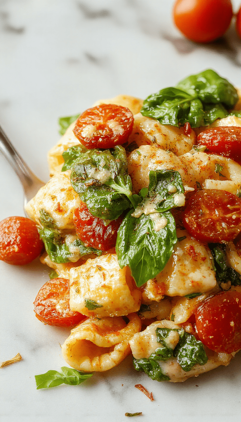 A vibrant bowl of creamy spinach and ripe tomato pasta showcasing fresh green spinach leaves, juicy red cherry tomatoes, and perfectly cooked al dente pasta topped with grated cheese and fresh basil, styled on a rustic wooden surface with a splash of olive oil and herbs for a fresh, inviting look.