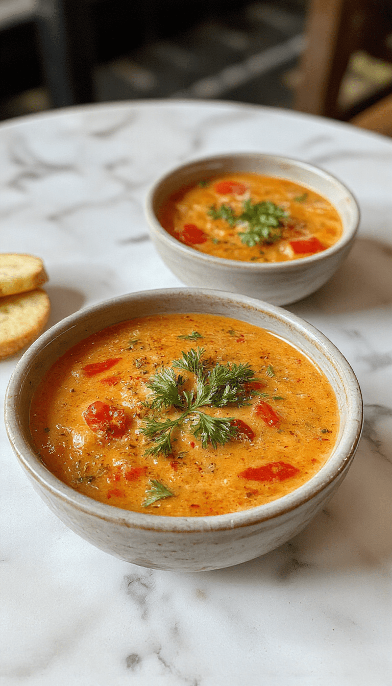 A vibrant bowl of creamy tomato soup garnished with fresh basil leaves, drizzled with cream, and served with crusty bread on a rustic wooden table with warm natural lighting.