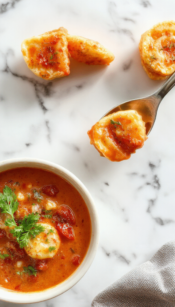 A vibrant bowl of tomato tortellini soup featuring plump tortellini pasta submerged in a rich red tomato broth, topped with fresh basil leaves and a sprinkle of grated Parmesan cheese, served in a rustic white bowl on a wooden table.