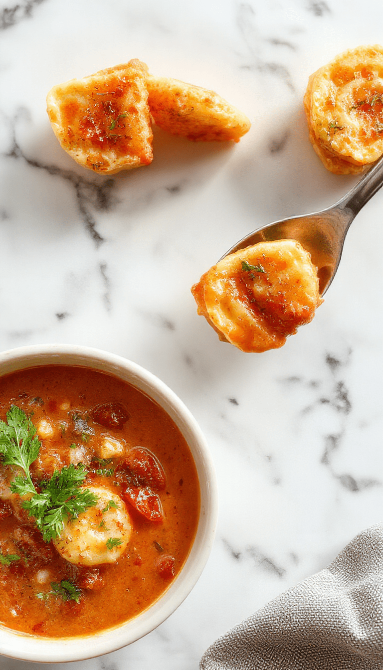 A vibrant bowl of tomato tortellini soup featuring plump tortellini pasta submerged in a rich red tomato broth, topped with fresh basil leaves and a sprinkle of grated Parmesan cheese, served in a rustic white bowl on a wooden table.