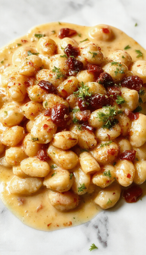 A close-up of a creamy butter beans dish in a rustic white bowl garnished with fresh herbs. The beans are coated in a rich, velvety sauce with vibrant green basil and cherry tomatoes on top. The background features a wooden table with a drizzle of olive oil and Parmesan shavings, styled with a scattering of herbs for a fresh, appetizing look.