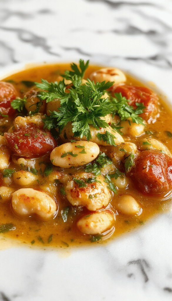 A vibrant bowl of creamy vegan tomato white bean stew garnished with fresh basil and parsley, with a rich tomato broth and tender white beans, served on a rustic wooden table with crusty bread in the background.