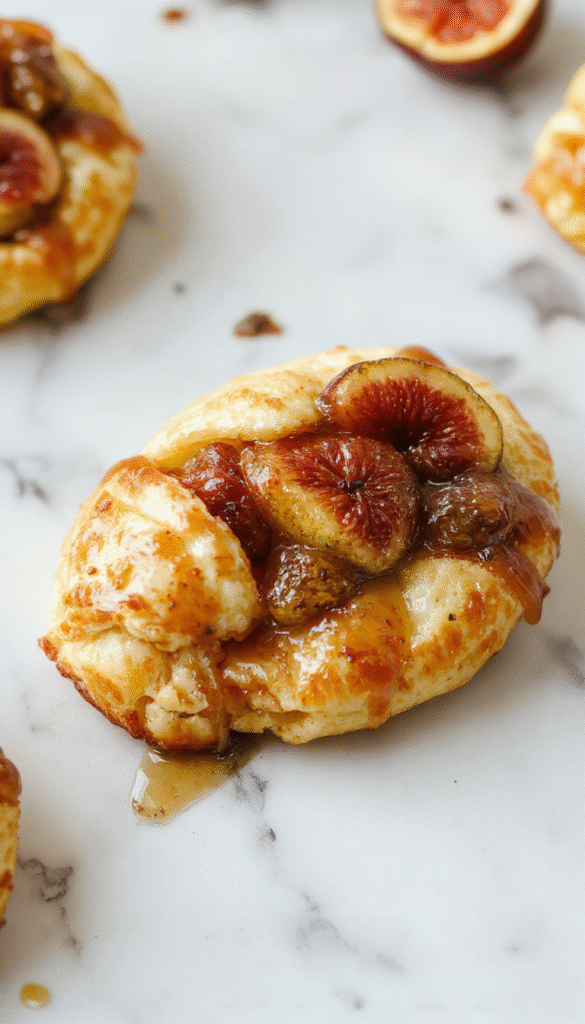 Golden crispy puff pastry wrapped around a creamy baked brie cheese topped with glossy honey drizzle and sliced fresh figs, garnished with herbs, served on a rustic wooden platter with a hint of greenery in the background.